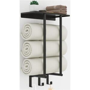 Towel Rack with Metal Shelf and 3 Hooks (63x40 inch) of Rolled Towels, Black